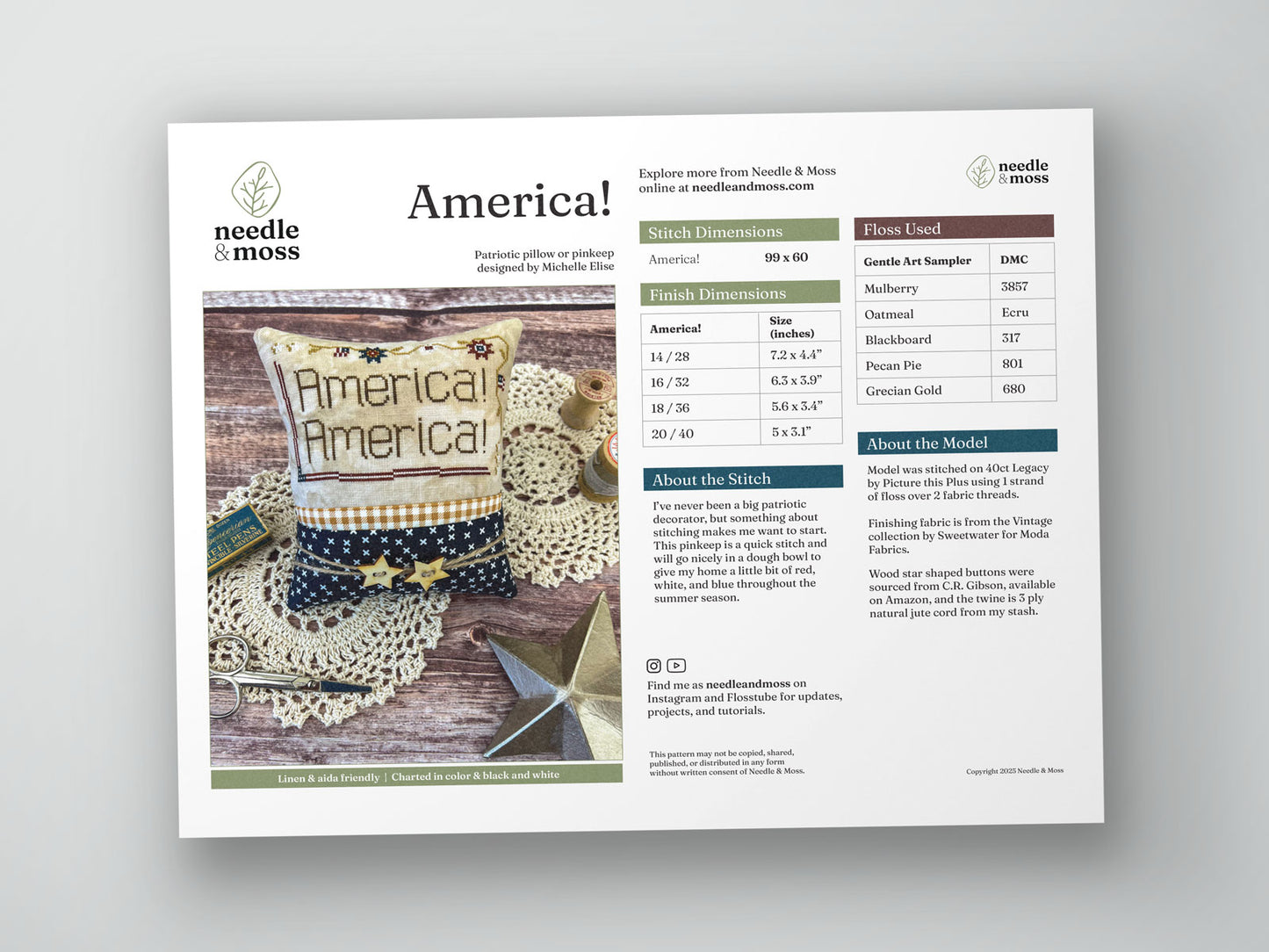 Preview of the cross stitch PDF pattern cover with a photo of the finish, and information about the design, fabric, and embroidery floss used