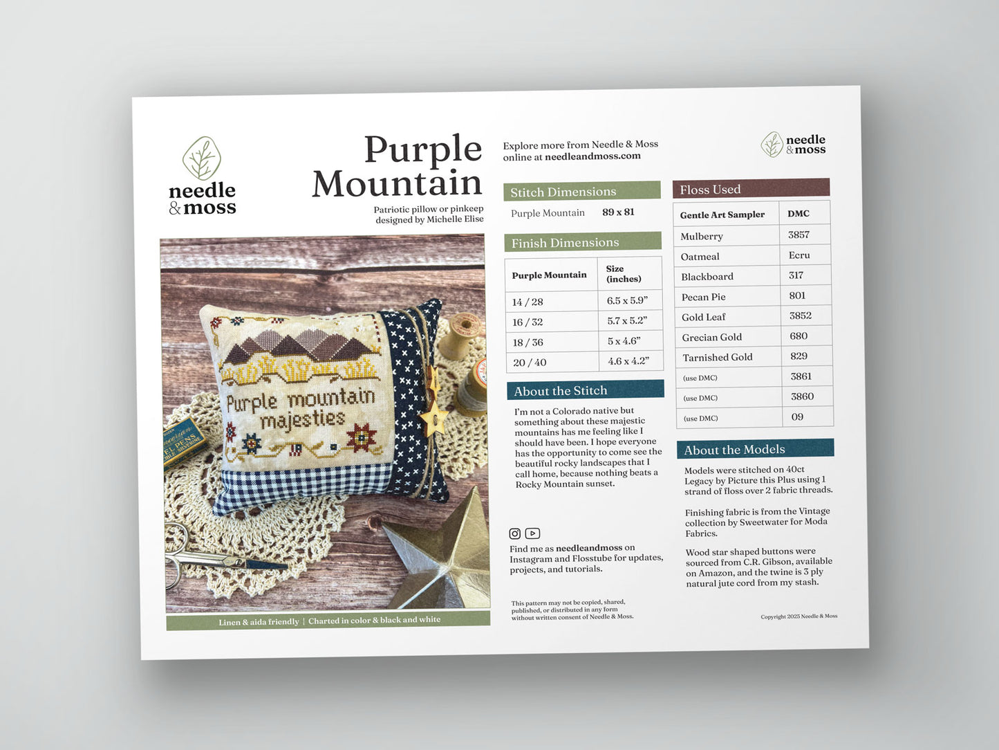 Preview of the cross stitch PDF pattern cover with a photo of the finish, and information about the design, fabric, and embroidery floss used