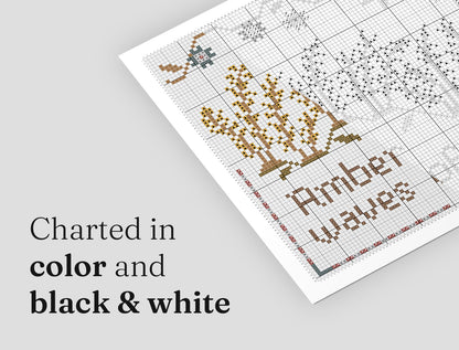 Split view of a cross stitch pattern PDF chart displayed in both color and black and white