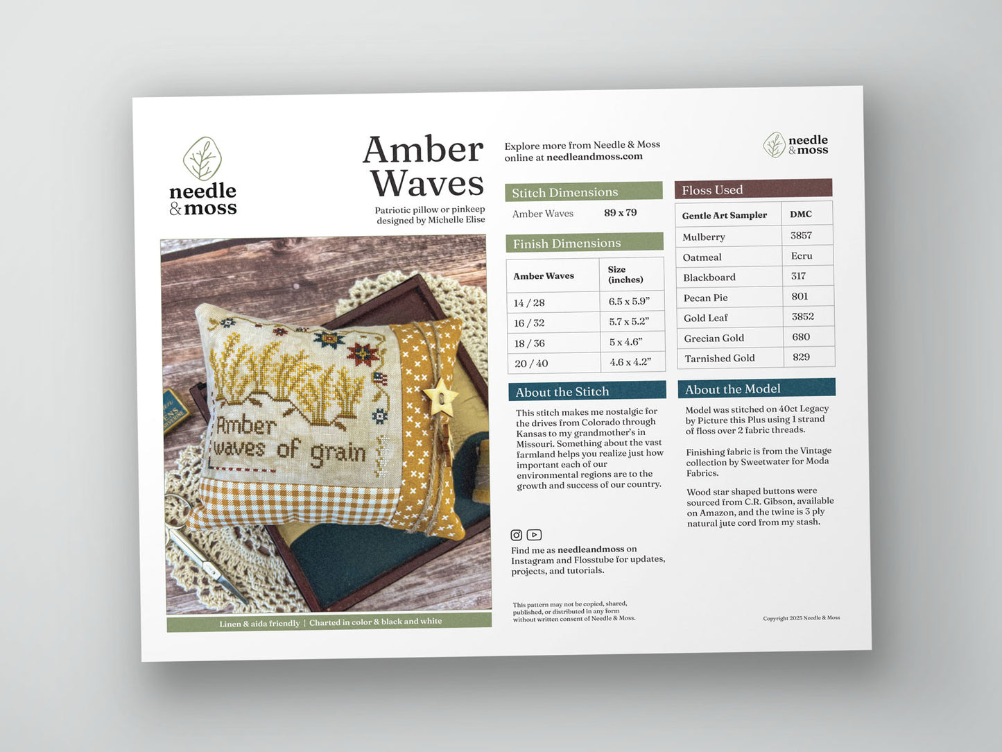 Preview of the cross stitch PDF pattern cover with a photo of the finish, and information about the design, fabric, and embroidery floss used