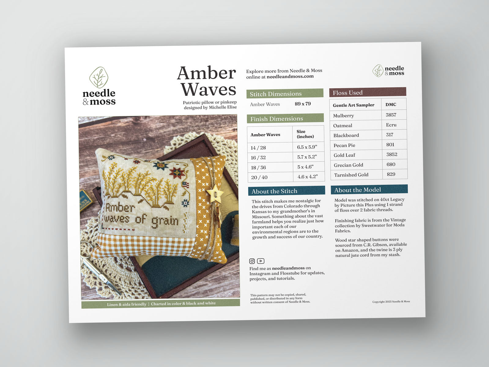 Preview of the cross stitch PDF pattern cover with a photo of the finish, and information about the design, fabric, and embroidery floss used
