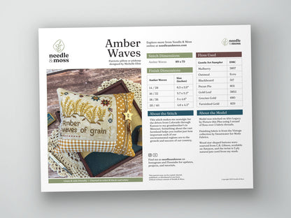Preview of the cross stitch PDF pattern cover with a photo of the finish, and information about the design, fabric, and embroidery floss used