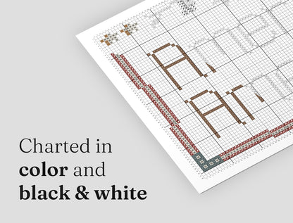 Split view of a cross stitch pattern PDF chart displayed in both color and black and white