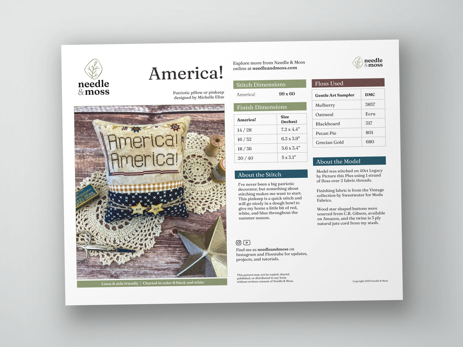 Preview of the cross stitch PDF pattern cover with a photo of the finish, and information about the design, fabric, and embroidery floss used