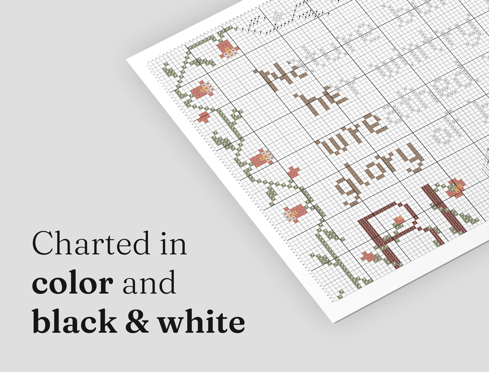 Split view of a cross stitch pattern PDF chart displayed in both color and black and white