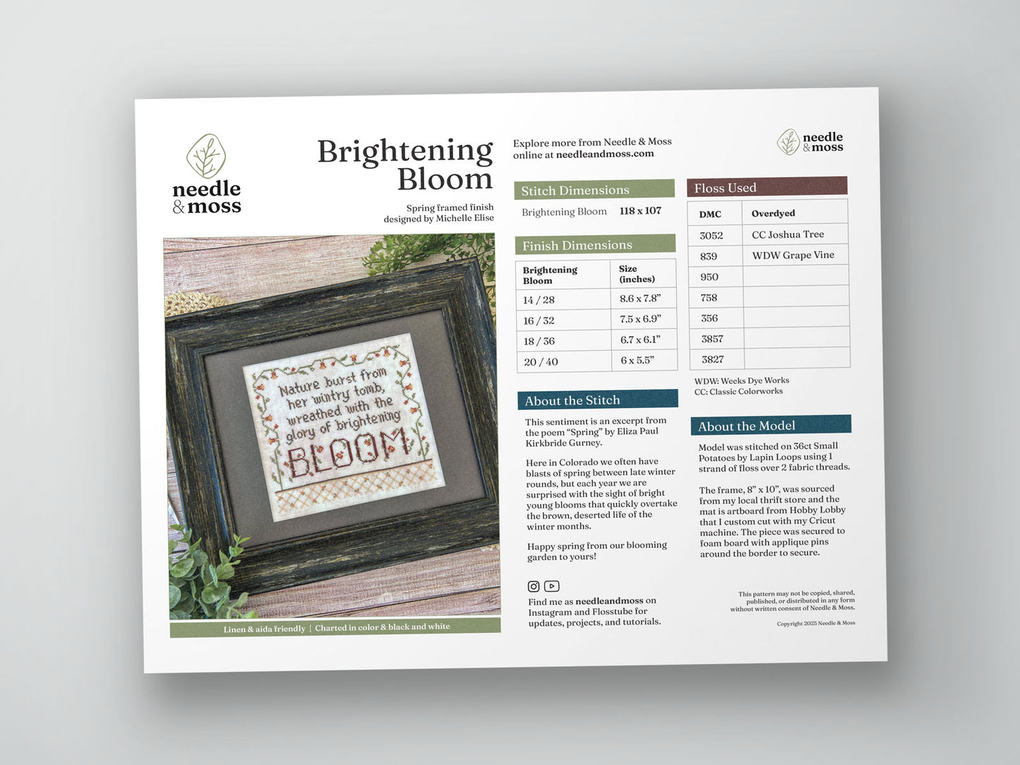 Preview of the cross stitch PDF pattern cover with a photo of the finish, and information about the design, fabric, and embroidery floss used