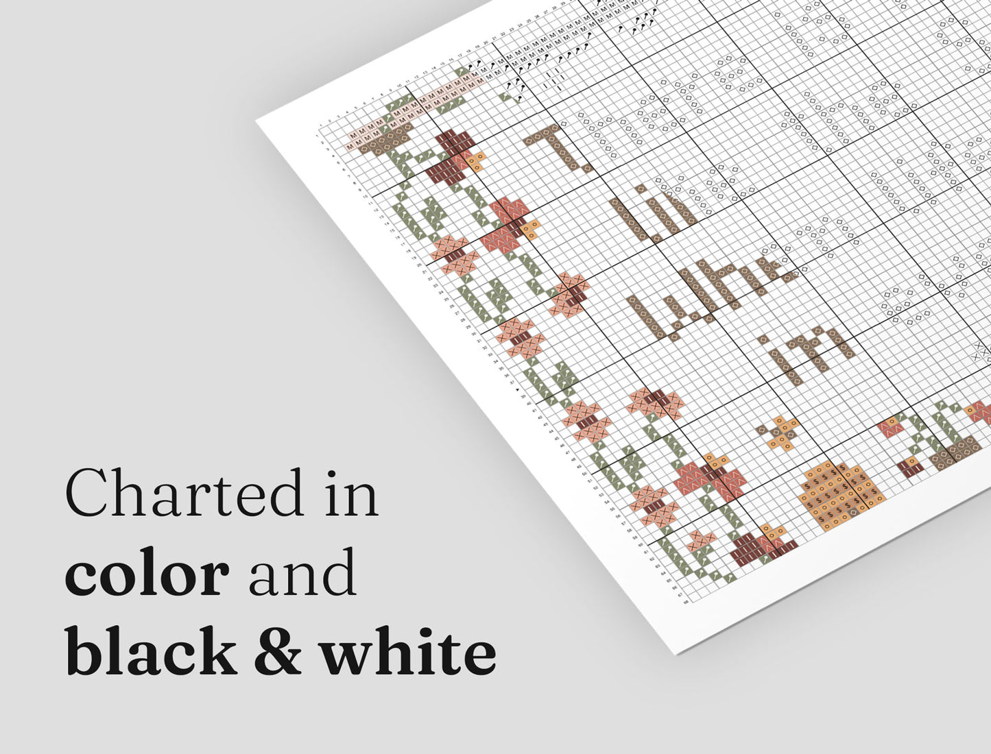 Split view of a cross stitch pattern PDF chart displayed in both color and black and white