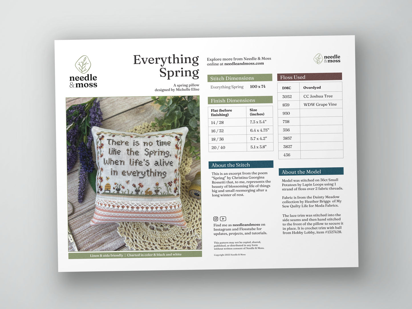Preview of the cross stitch PDF pattern cover with a photo of the finish, and information about the design, fabric, and embroidery floss used