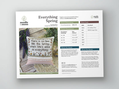 Preview of the cross stitch PDF pattern cover with a photo of the finish, and information about the design, fabric, and embroidery floss used