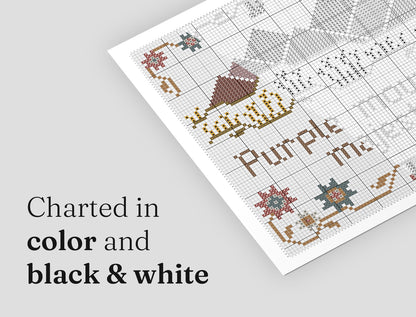Split view of a cross stitch pattern PDF chart displayed in both color and black and white