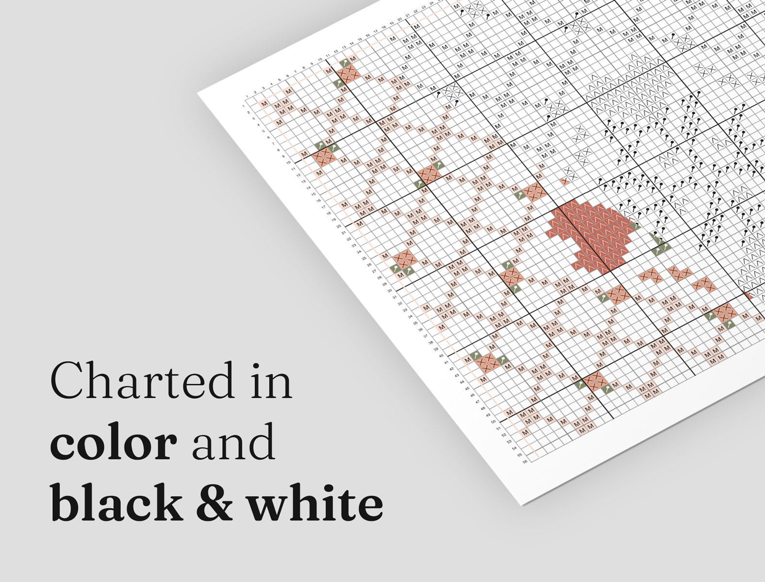 Split view of a cross stitch pattern PDF chart displayed in both color and black and white