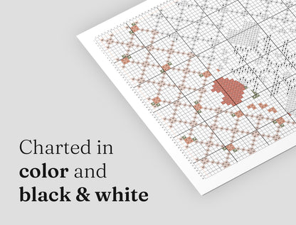 Split view of a cross stitch pattern PDF chart displayed in both color and black and white