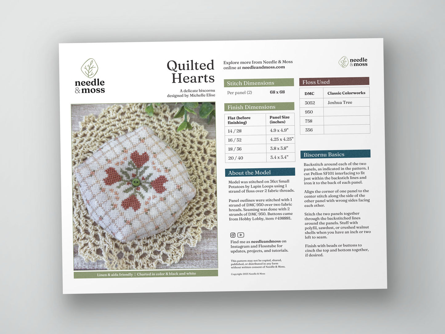 Preview of the cross stitch PDF pattern cover with a photo of the finish, and information about the design, fabric, and embroidery floss used