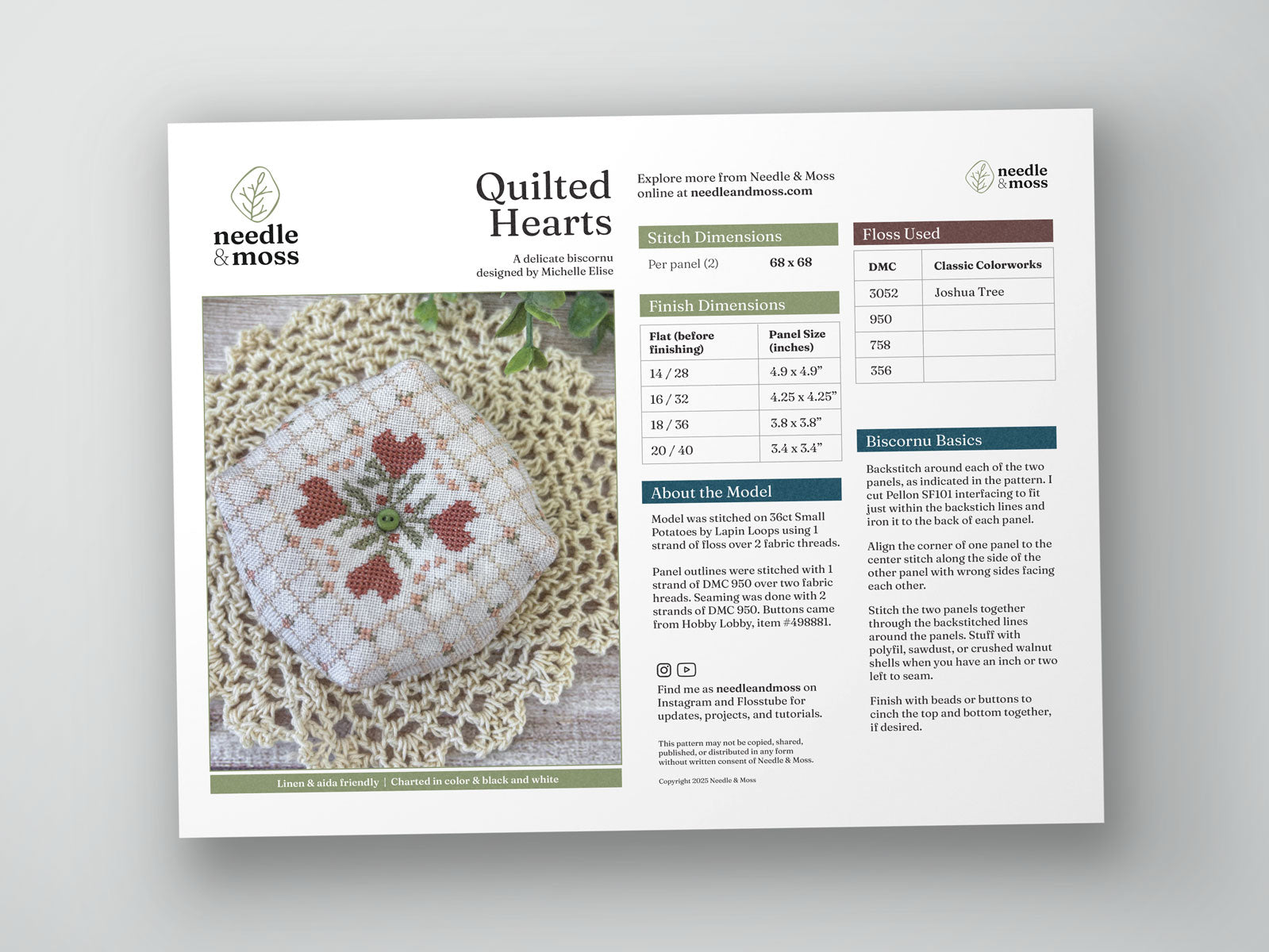 Preview of the cross stitch PDF pattern cover with a photo of the finish, and information about the design, fabric, and embroidery floss used