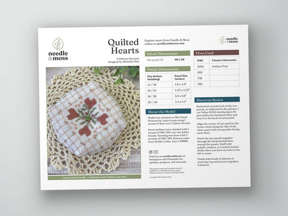 Preview of the cross stitch PDF pattern cover with a photo of the finish, and information about the design, fabric, and embroidery floss used